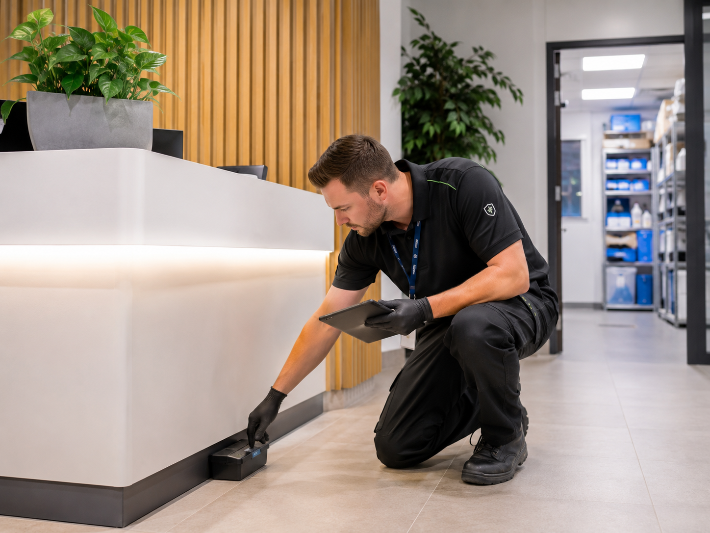Technician inspecting a pest trap in an office reception area